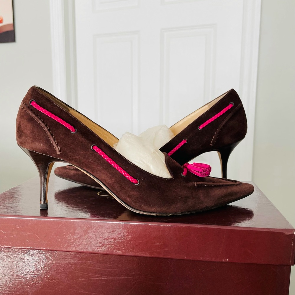 Cole Haan Brown Suede Pink Tassle Pumps - Picture 5 of 9